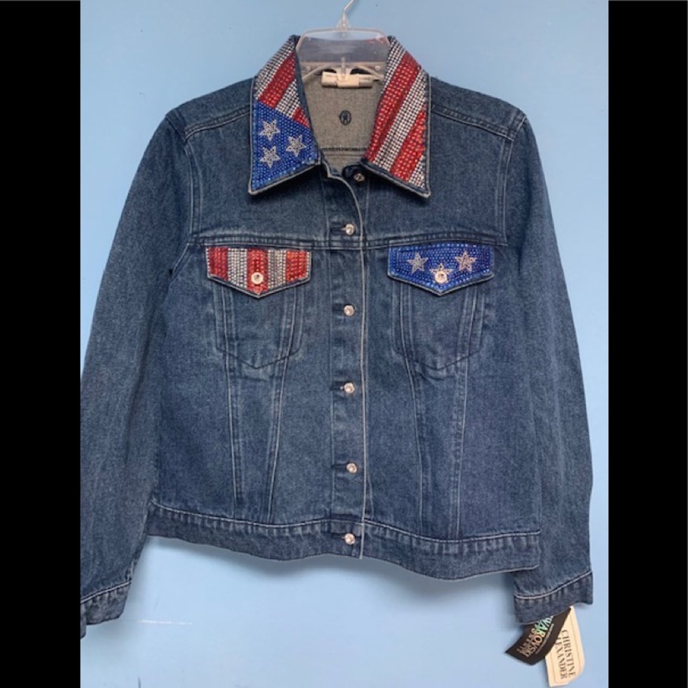 Christine Alexander, NEW, blue jean jacket with Patriotic/USA Swarovski crystals